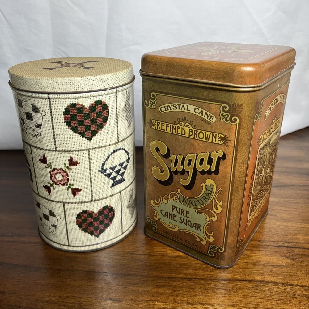 Kitchen Tin Lot of 2 Tall Canisters: Crystal Cane Sugar & Cross Stitch Country
